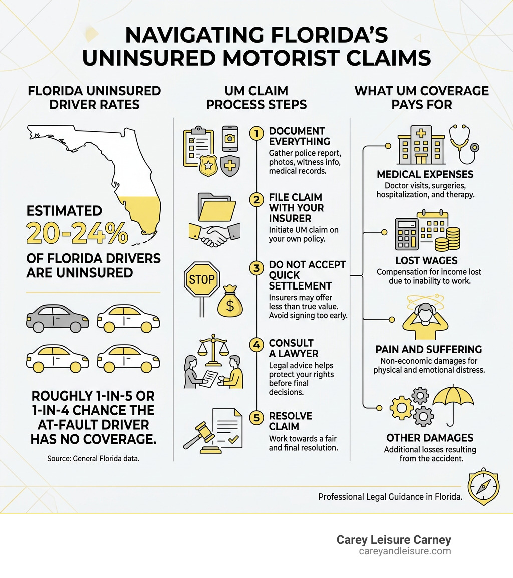 Infographic showing Florida uninsured driver rates, UM claim process steps, and what UM coverage pays for - Uninsured