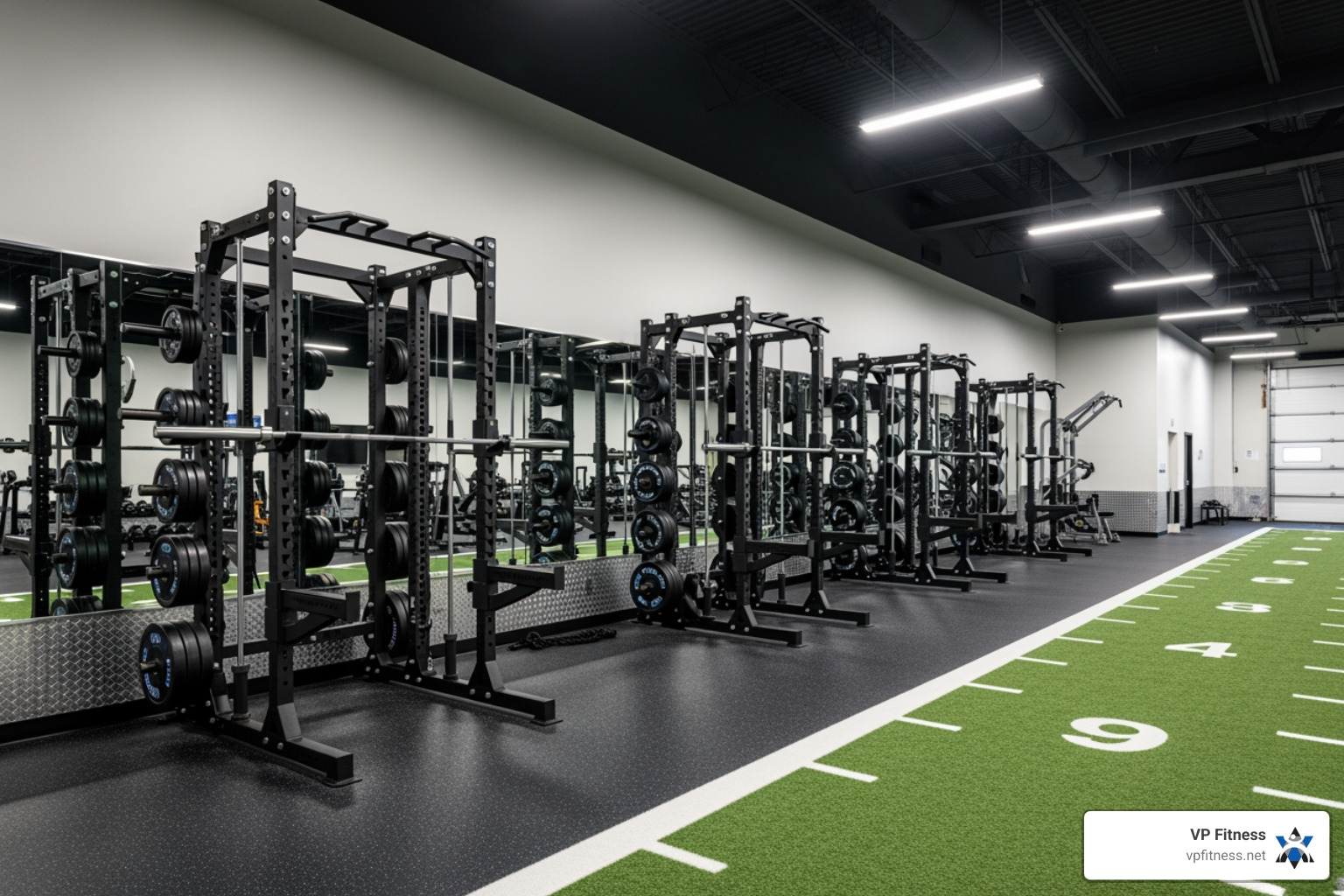 Modern fitness facility with power racks and turf - gym space to rent Modern fitness facility with power racks and turf - gym space to rent