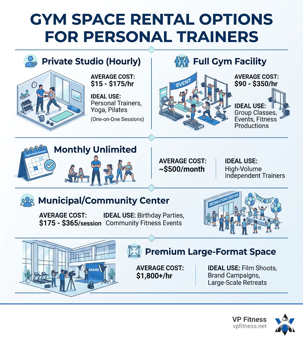 Infographic showing gym rental types, average costs, and ideal use cases for personal trainers - gym space to rent Infographic showing gym rental types, average costs, and ideal use cases for personal trainers - gym space to rent
