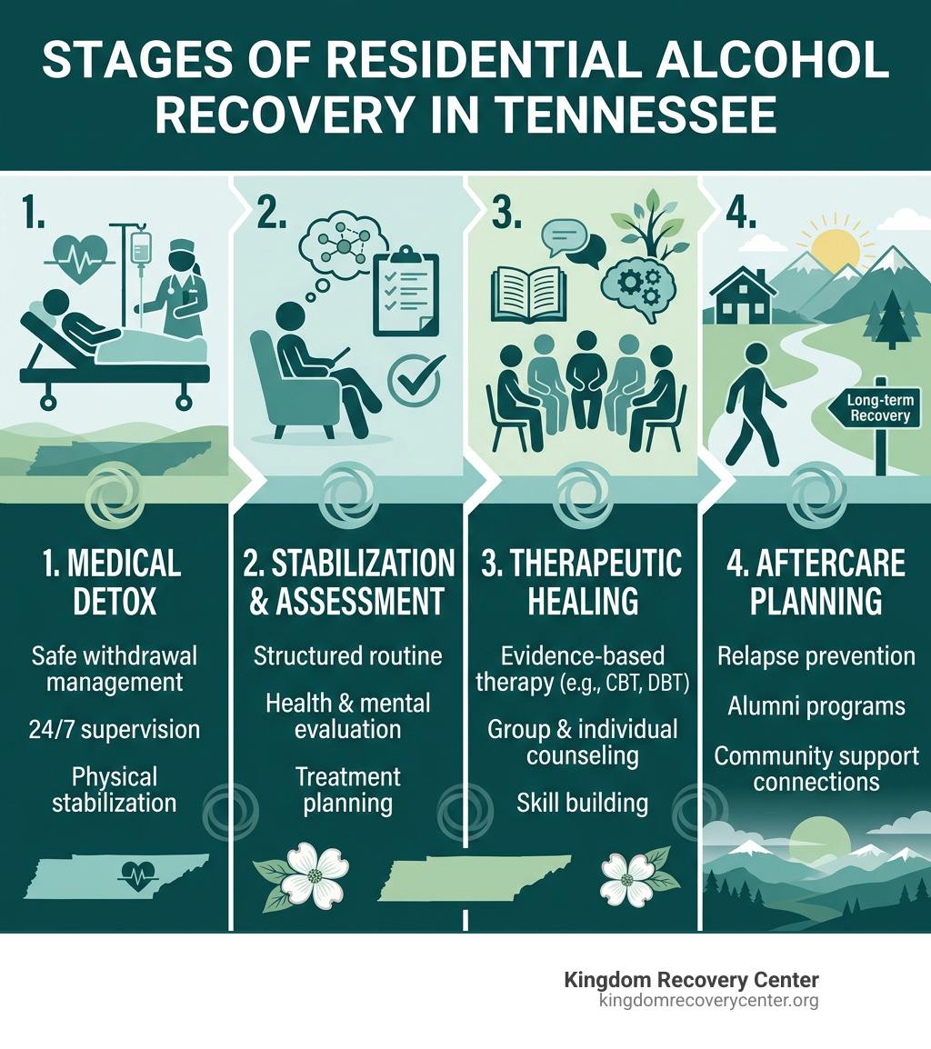 Stages of residential alcohol recovery in Tennessee: detox, stabilization, therapy, aftercare planning - inpatient alcohol