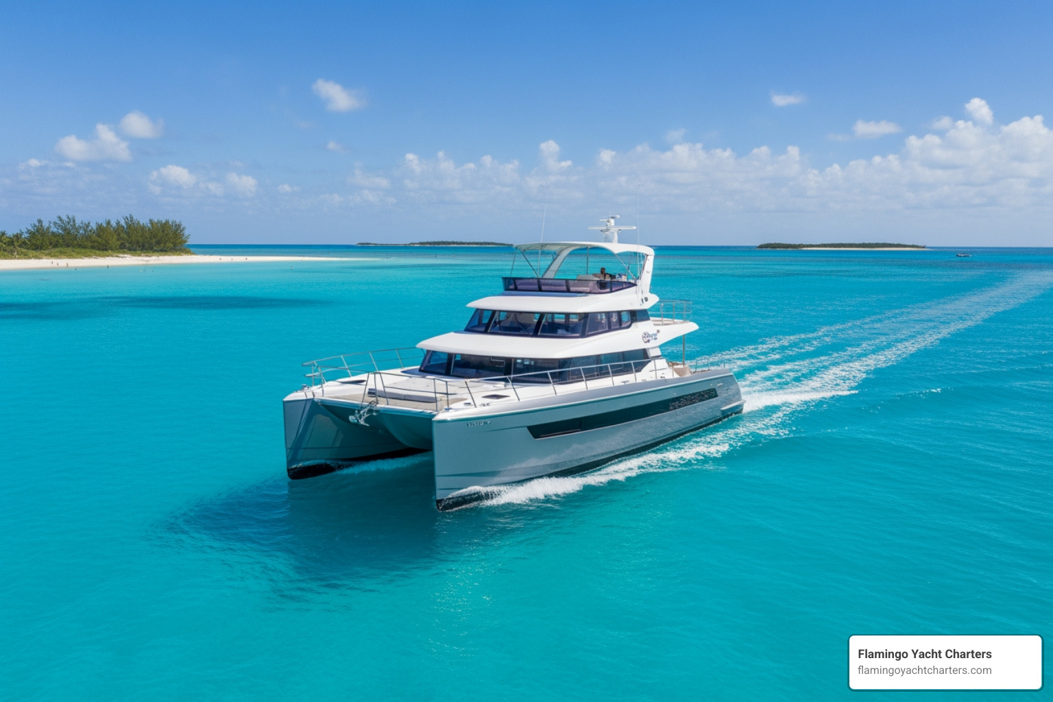 A sleek power catamaran cruising turquoise waters - boat rentals bahamas