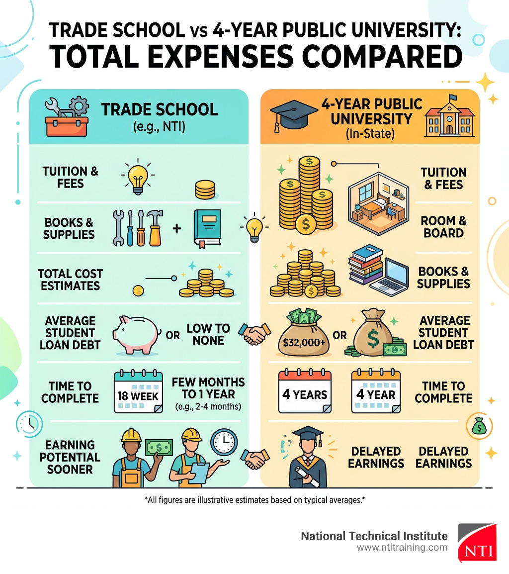 Table comparing total expenses of trade school vs 4-year public university - trade school vs college infographic Table comparing total expenses of trade school vs 4-year public university - trade school vs college infographic