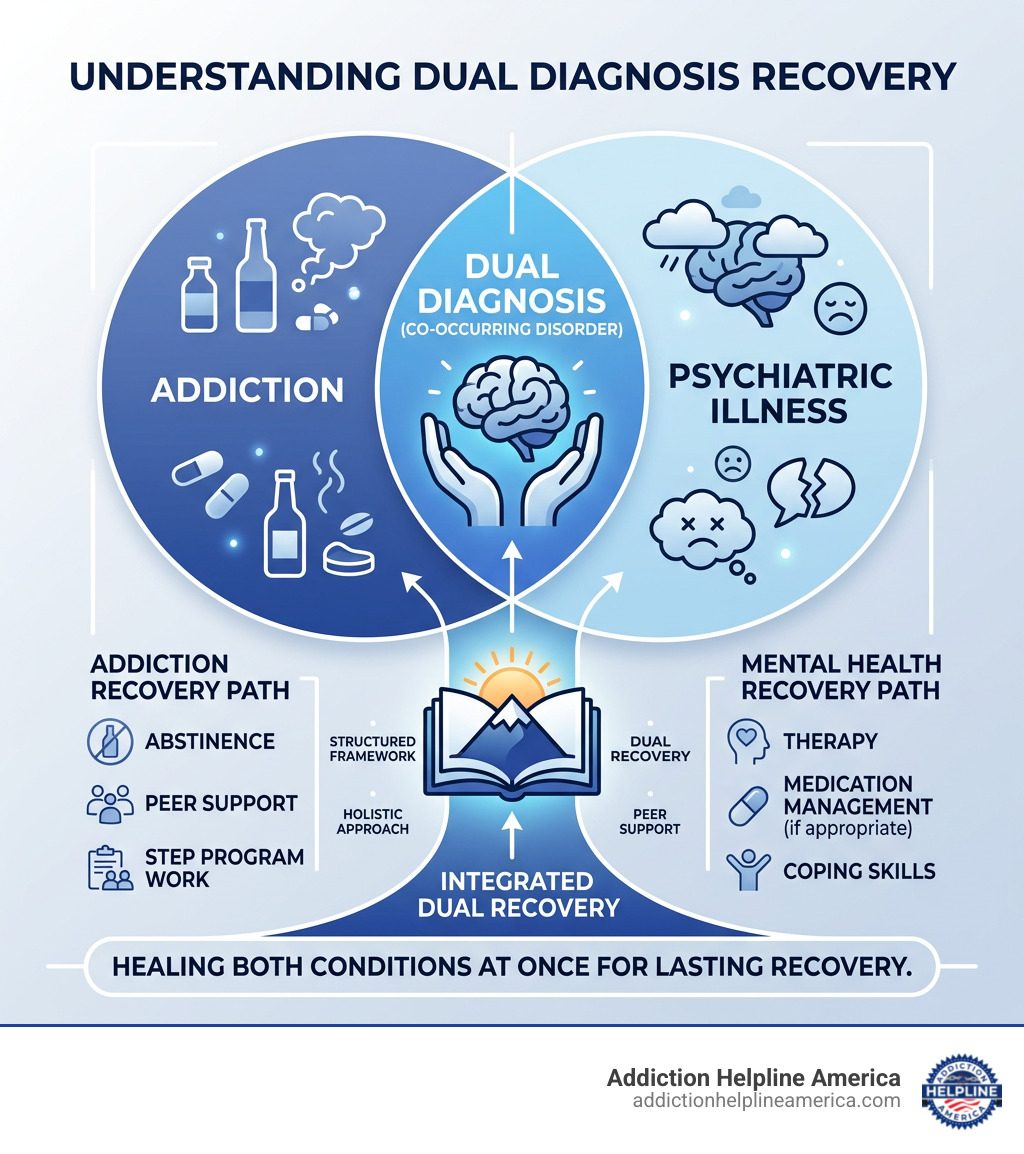 Infographic showing intersection of addiction and psychiatric illness in dual diagnosis recovery - dual recovery anonymous
