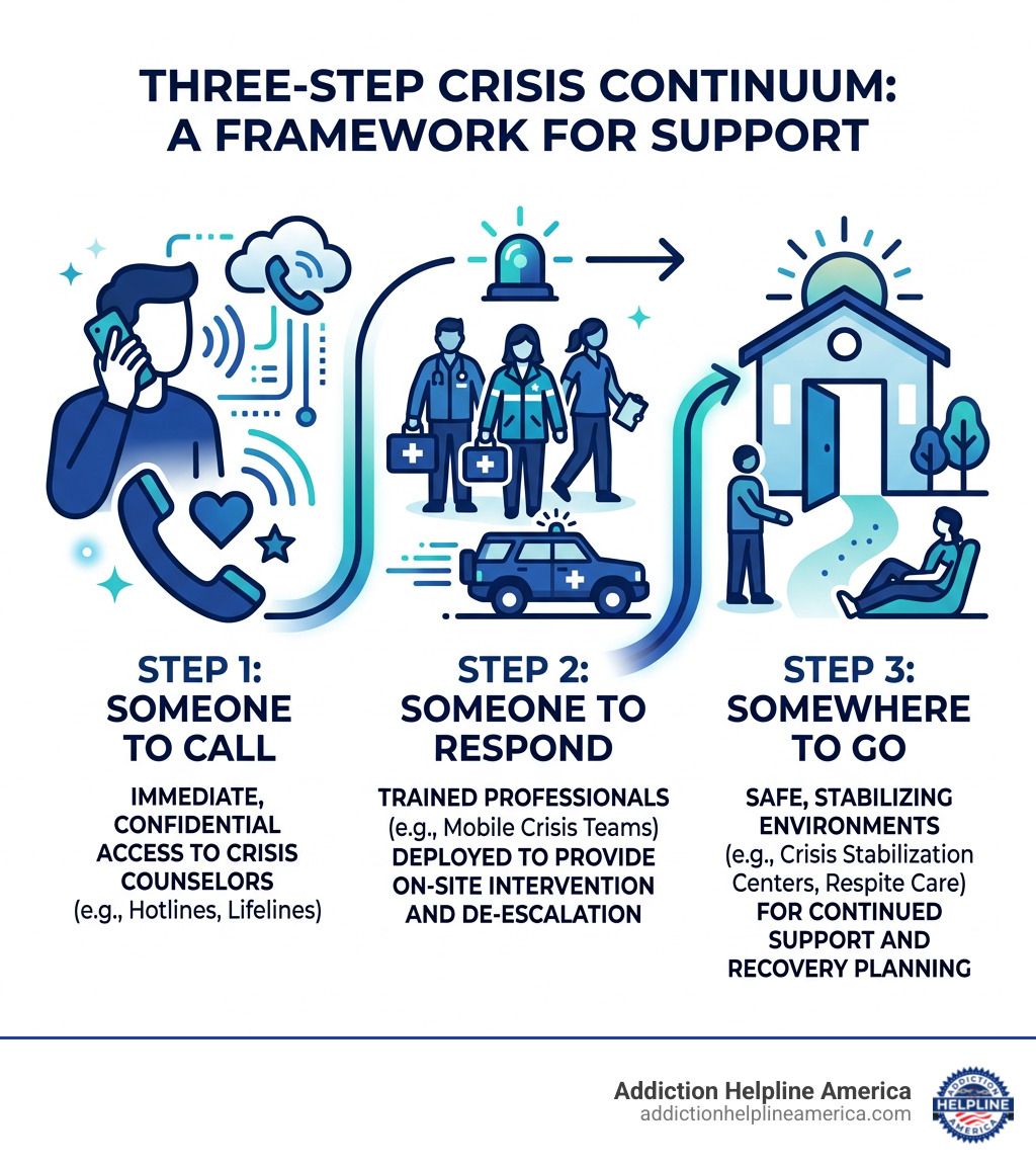 Three-step crisis continuum: someone to call, someone to respond, and somewhere to go - emergency intervention services Three-step crisis continuum: someone to call, someone to respond, and somewhere to go - emergency intervention services