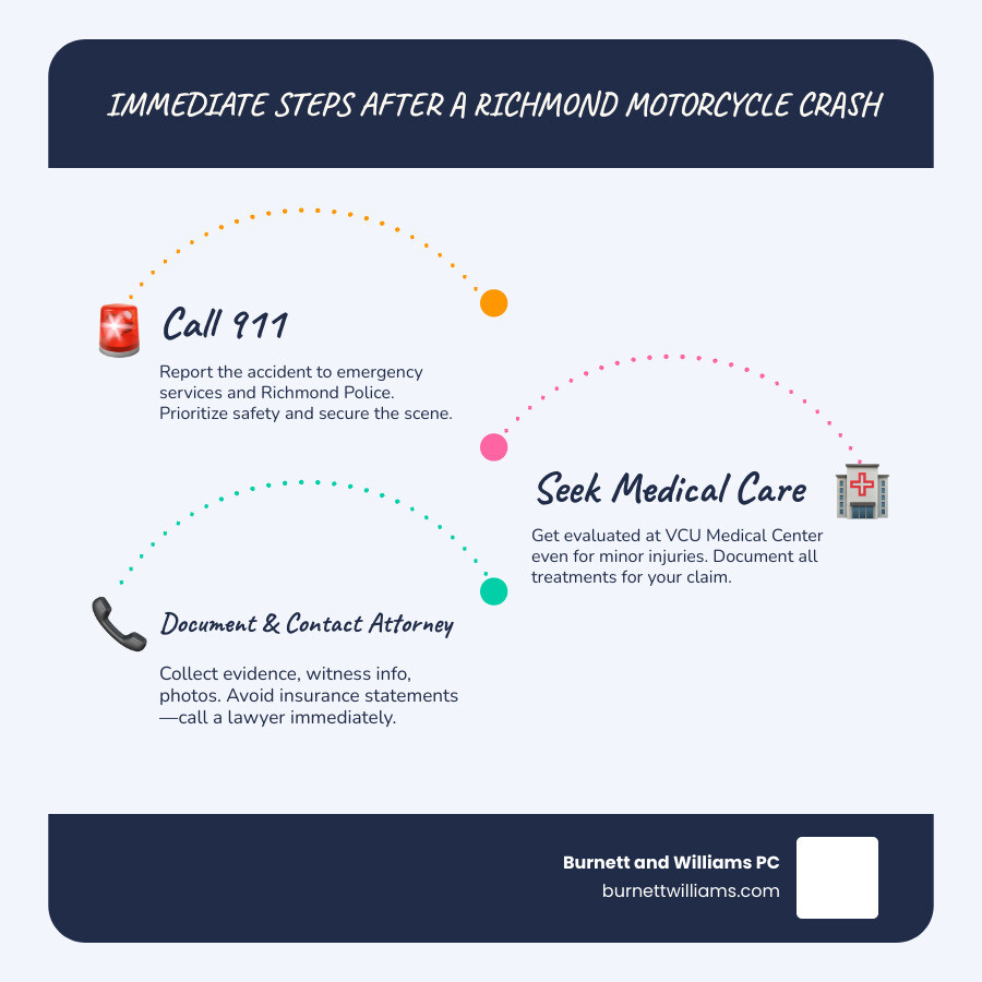 Infographic: Immediate steps after a Richmond motorcycle crash including call 911, seek medical care, document scene, and Infographic: Immediate steps after a Richmond motorcycle crash including call 911, seek medical care, document scene, and