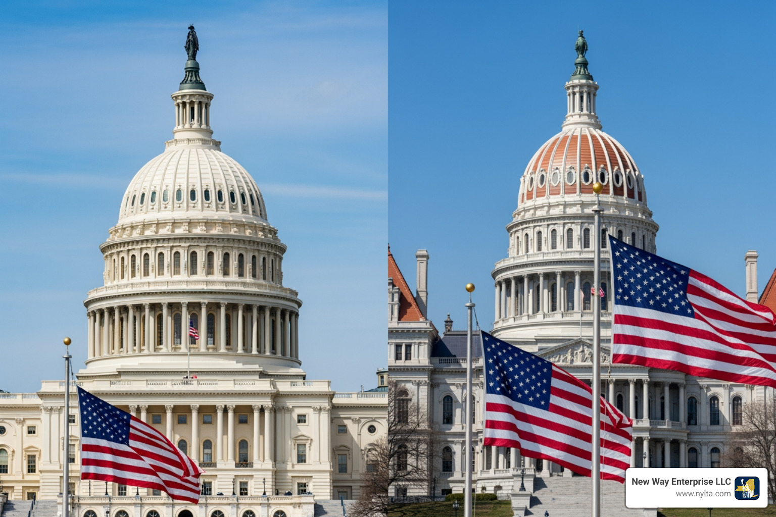 U.S. Capitol and New York State Capitol buildings representing federal and state compliance - Beneficial ownership
