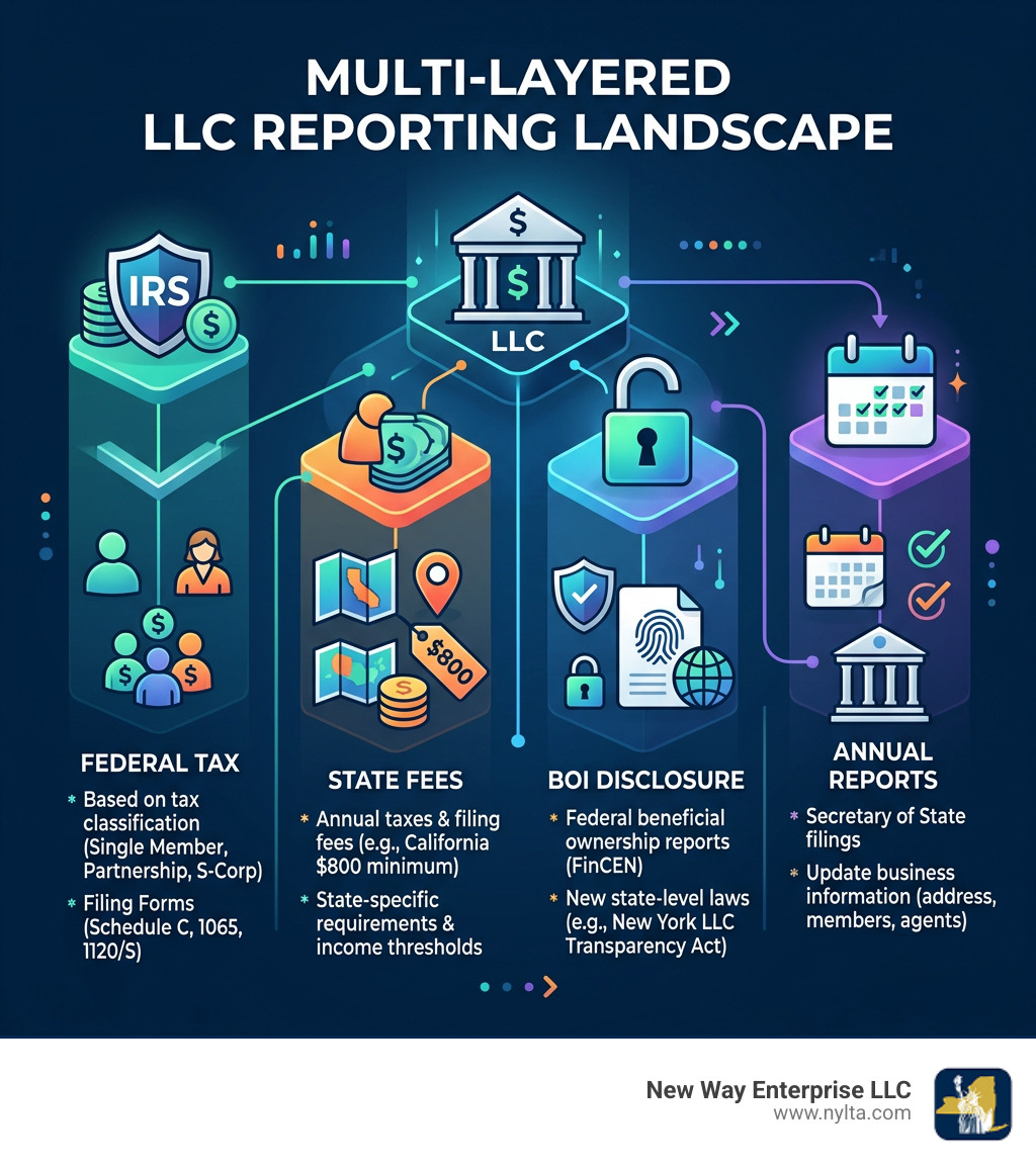 Multi-layered LLC reporting landscape: federal tax, state fees, BOI disclosure, and annual reports - LLC reporting