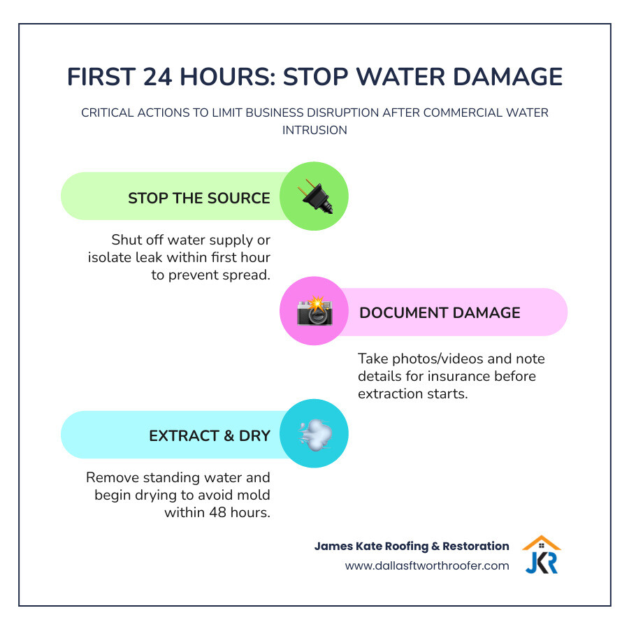 Infographic: First 24 hours of commercial water damage response - stop source, document, extract water, dry, call Infographic: First 24 hours of commercial water damage response - stop source, document, extract water, dry, call