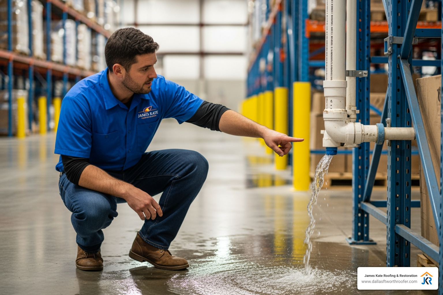 technician in royal blue James Kate shirt identifying a burst pipe in a warehouse - commercial water mitigation technician in royal blue James Kate shirt identifying a burst pipe in a warehouse - commercial water mitigation
