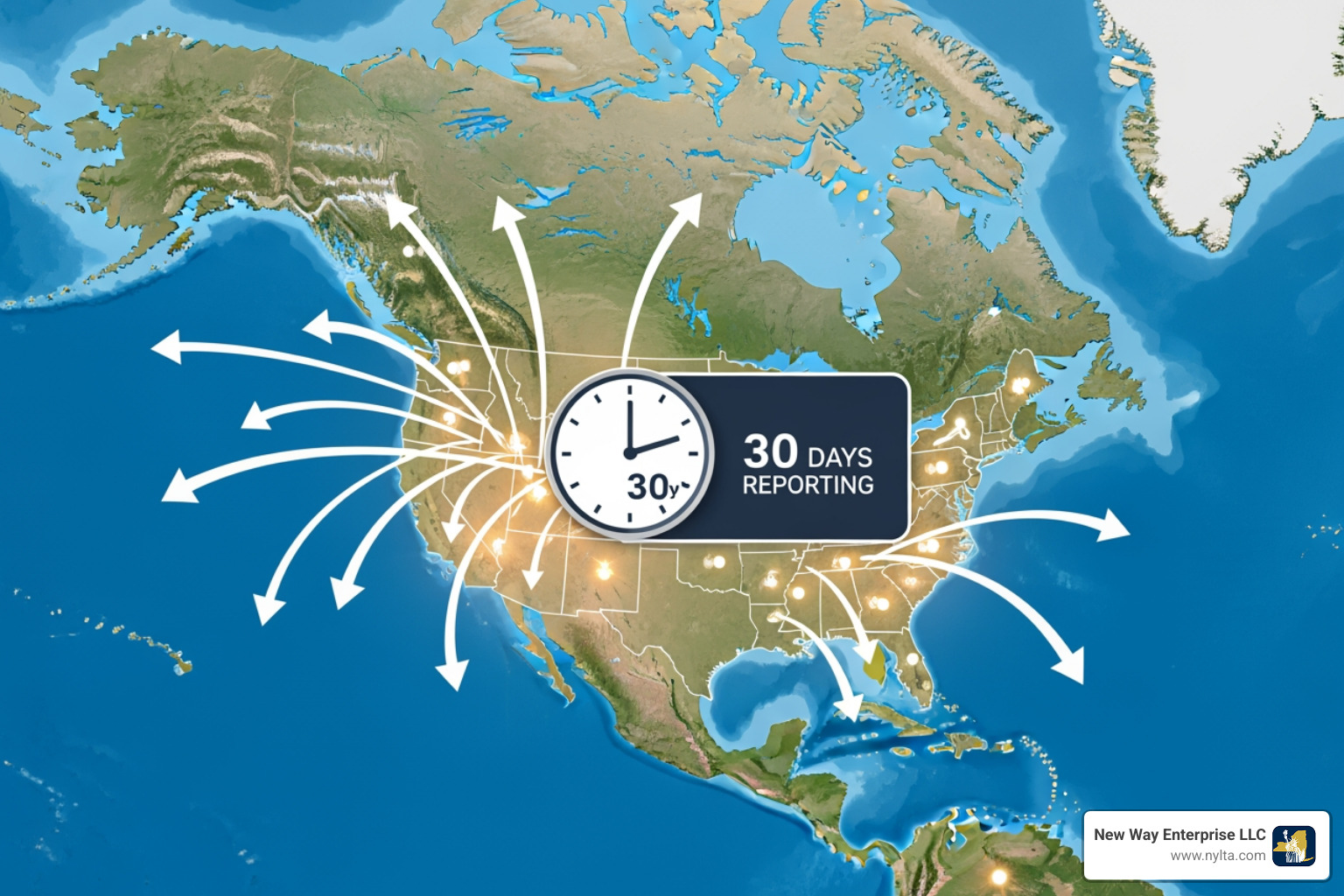 Map showing global business registration flow into the U.S. and the 30-day reporting window for foreign entities - boi