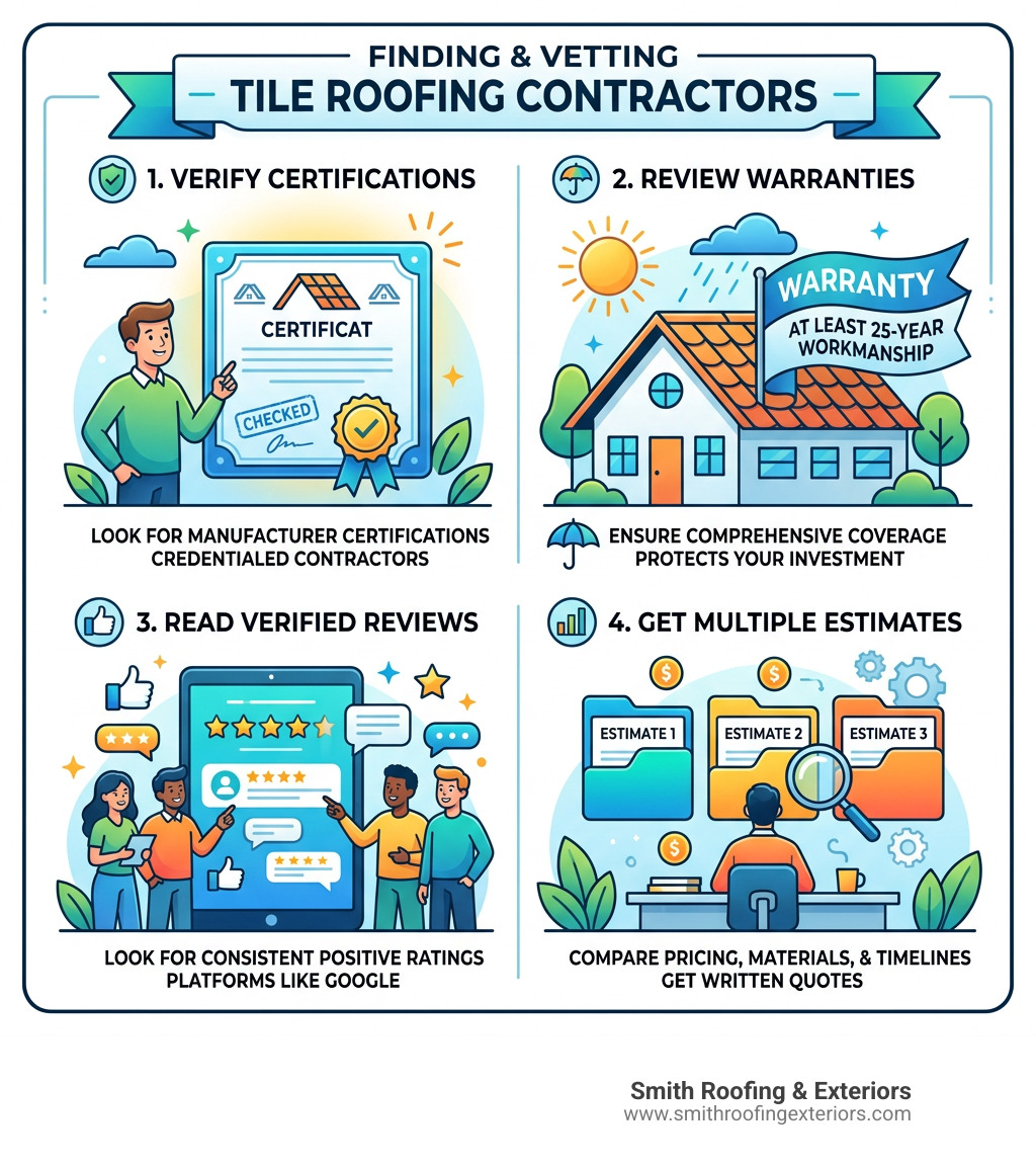 Infographic showing how to find and vet tile roofing contractors: certifications, warranties, reviews, estimates - tile Infographic showing how to find and vet tile roofing contractors: certifications, warranties, reviews, estimates - tile