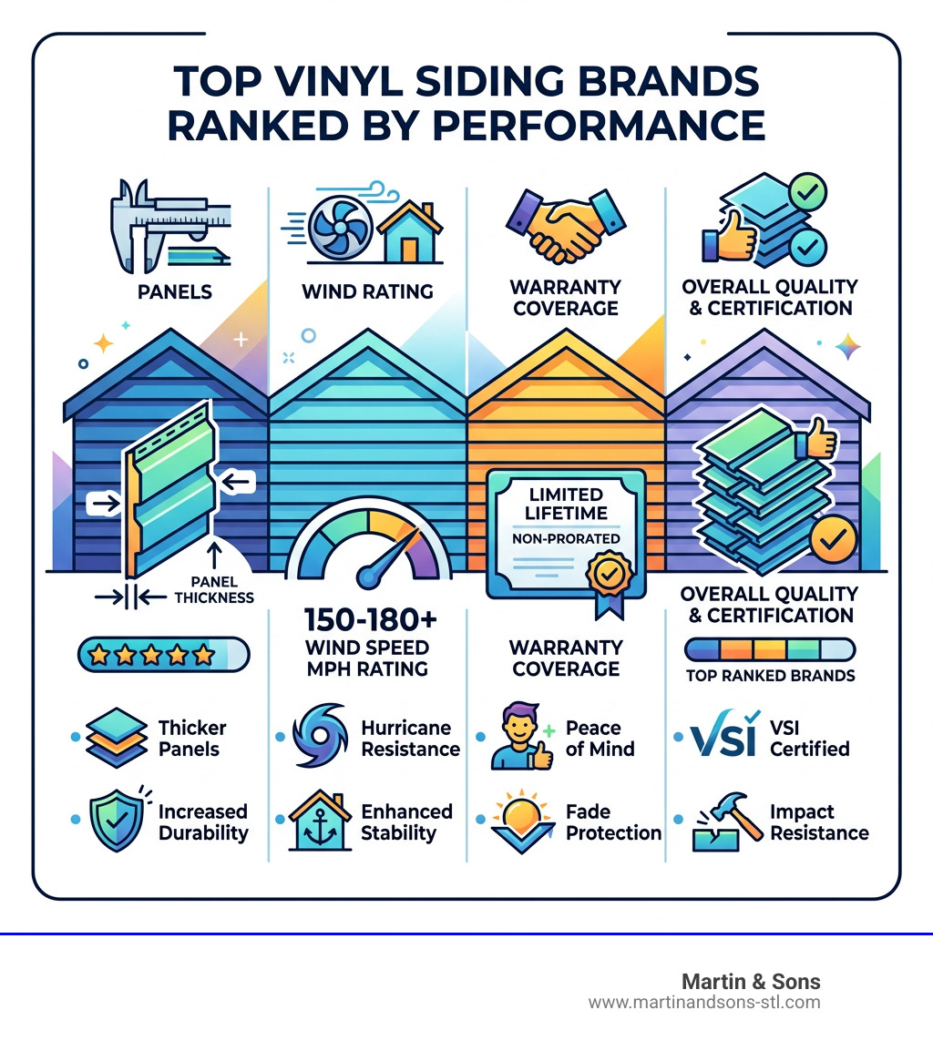 Infographic showing top vinyl siding brands ranked by thickness, wind rating, and warranty coverage - top vinyl siding Infographic showing top vinyl siding brands ranked by thickness, wind rating, and warranty coverage - top vinyl siding