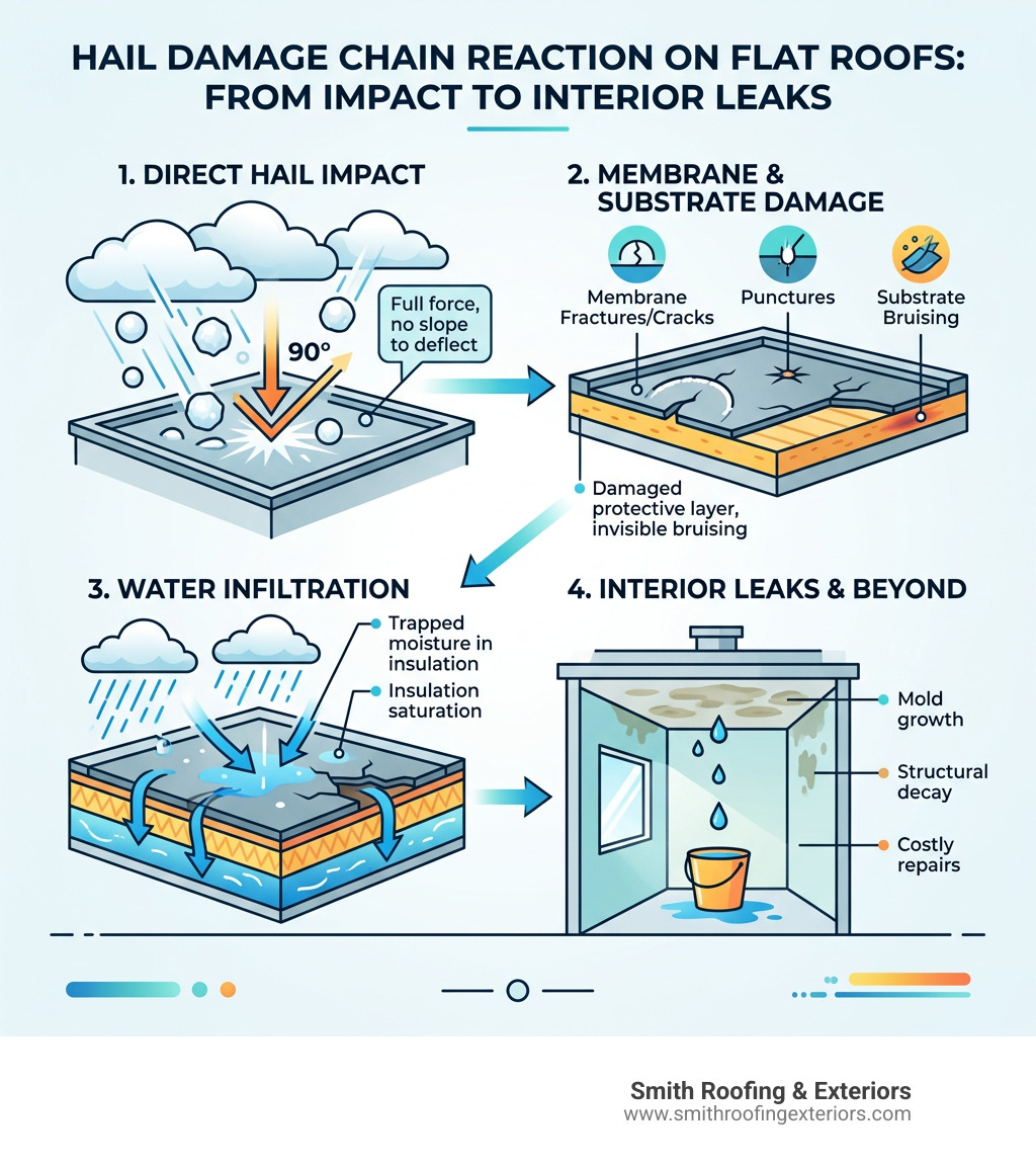 Infographic showing hail damage chain reaction on flat roofs from impact to interior leaks - hail damage flat roof Infographic showing hail damage chain reaction on flat roofs from impact to interior leaks - hail damage flat roof