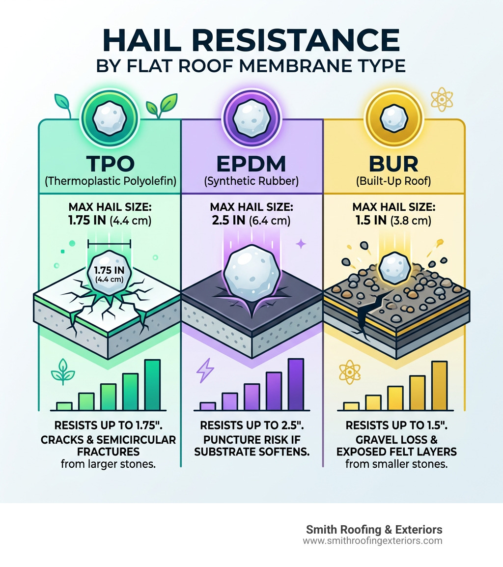 Table comparing hail resistance by membrane type: TPO 1.75in, EPDM 2.5in, BUR 1.5in - hail damage flat roof infographic Table comparing hail resistance by membrane type: TPO 1.75in, EPDM 2.5in, BUR 1.5in - hail damage flat roof infographic