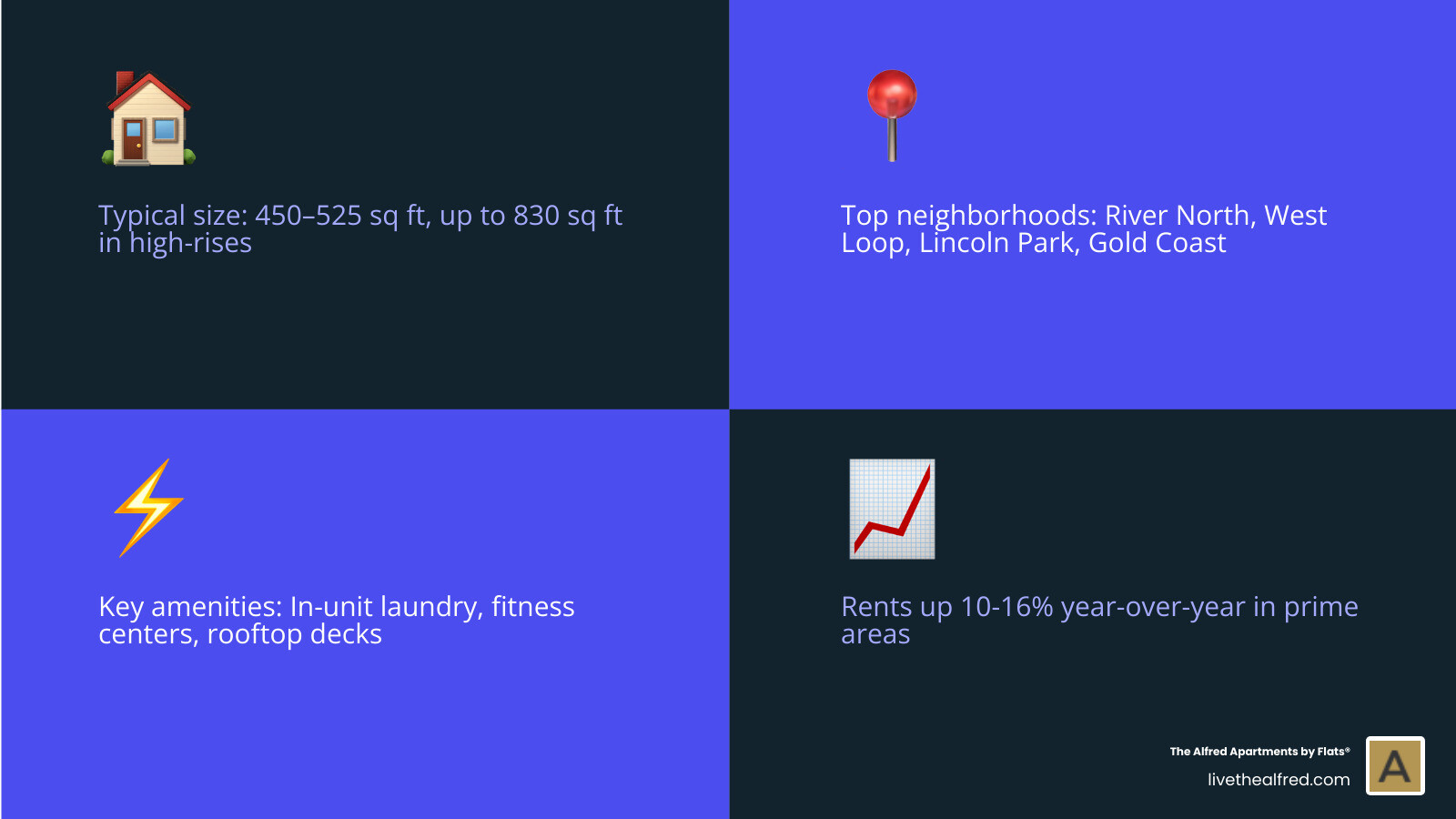 Infographic comparing Chicago studio apartment types, sizes, neighborhoods, and key amenities - studio apartments in chicago