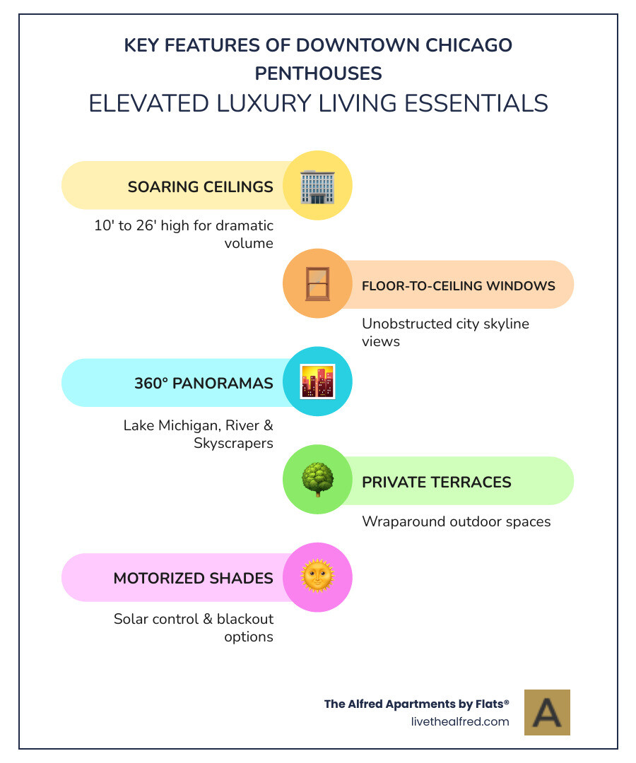 Infographic showing key features of downtown Chicago penthouses: neighborhoods, sizes, amenities, and views - downtown