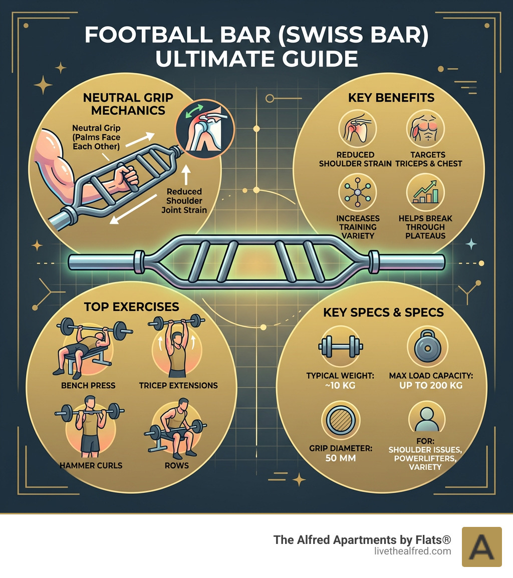 Infographic showing neutral grip football bar mechanics, benefits, exercises, and key specs - football bar infographic 