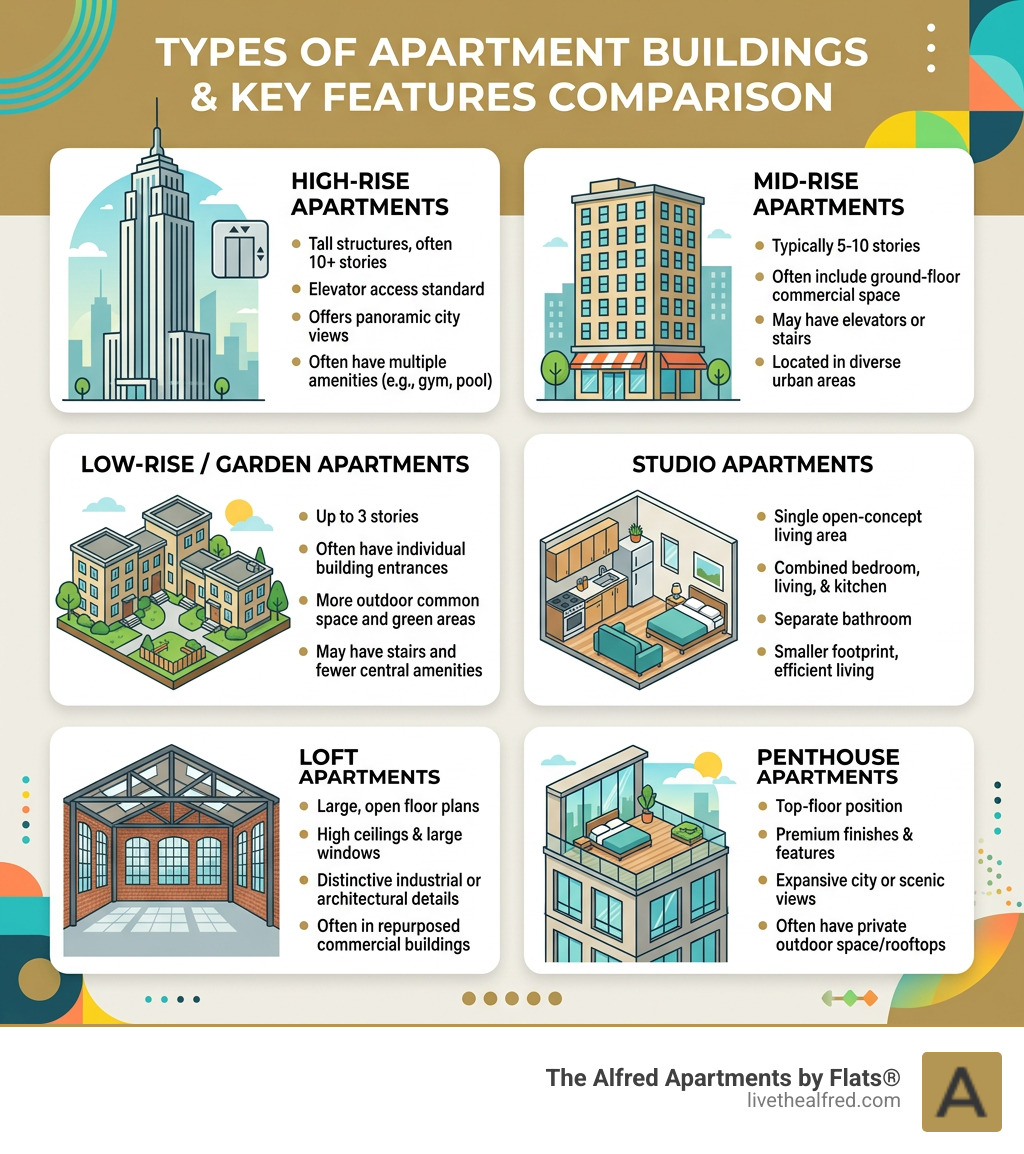 Types of apartment buildings and key features comparison infographic - apartment buildings infographic Types of apartment buildings and key features comparison infographic - apartment buildings infographic