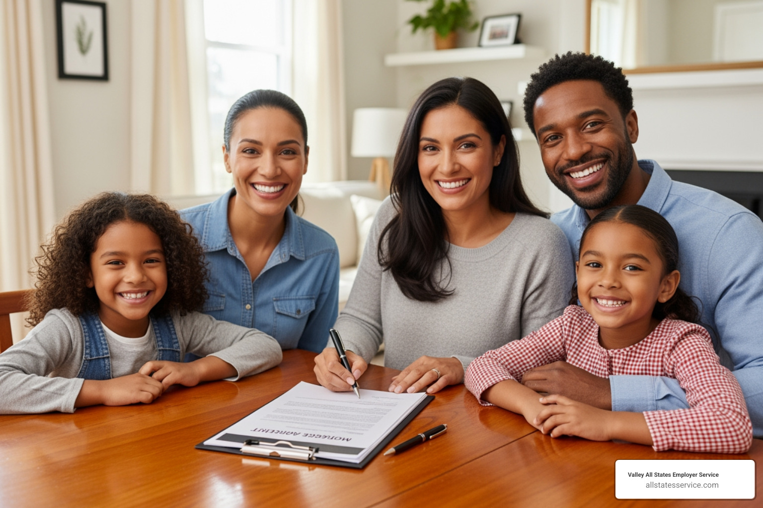 A family sitting at a wooden table smiling while signing a mortgage agreement - job verification letter