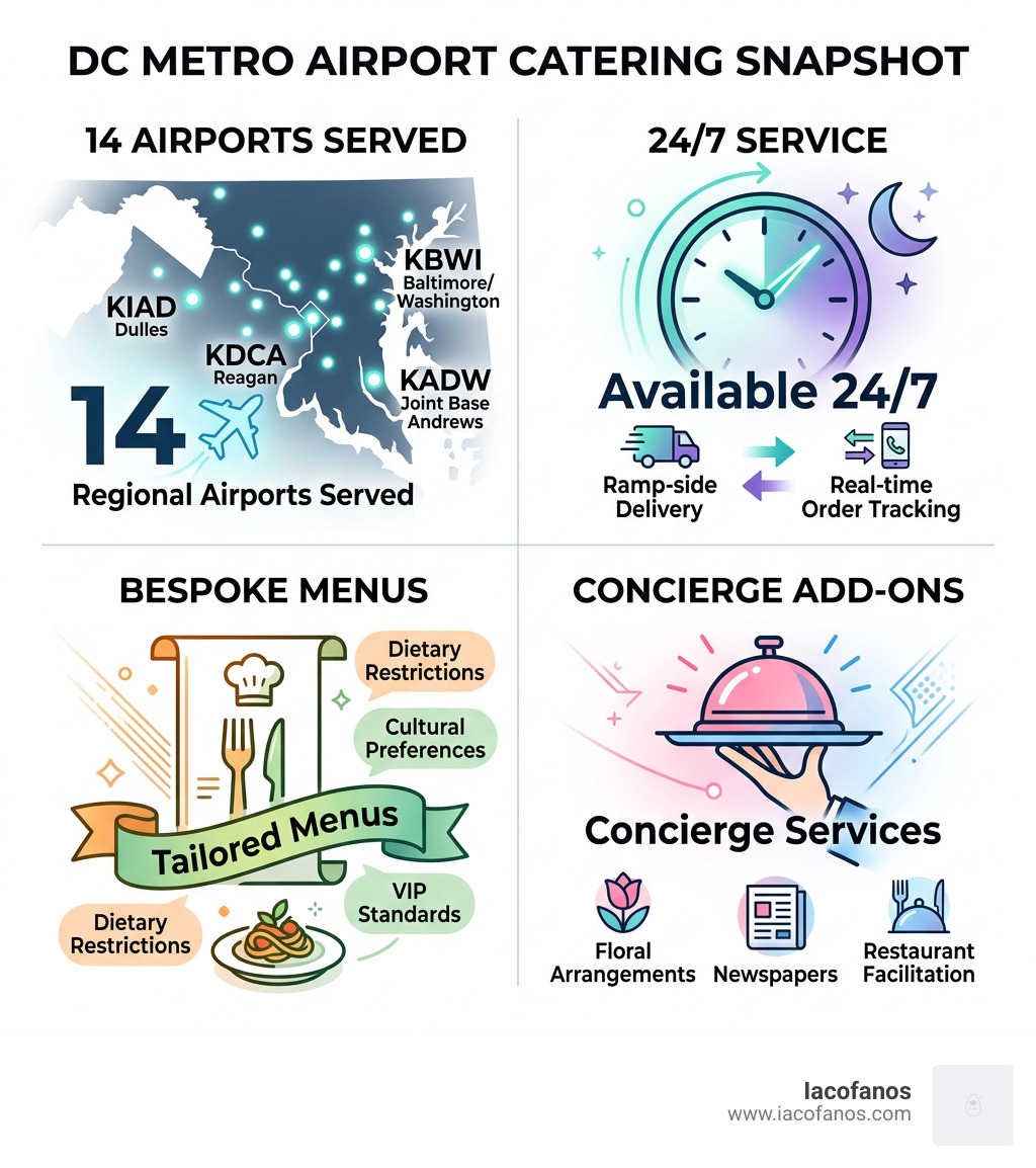 Infographic showing DC metro airport catering stats: 14 airports served, 24/7 service, bespoke menus, concierge add-ons