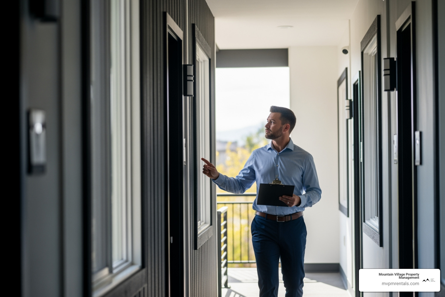 professional building manager conducting a site walkthrough in a Bozeman apartment complex - residential building management