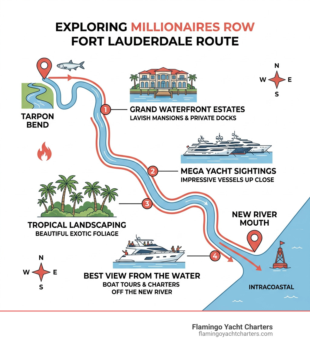 Infographic showing Millionaires Row Fort Lauderdale route from Tarpon Bend to New River mouth with key highlights Infographic showing Millionaires Row Fort Lauderdale route from Tarpon Bend to New River mouth with key highlights