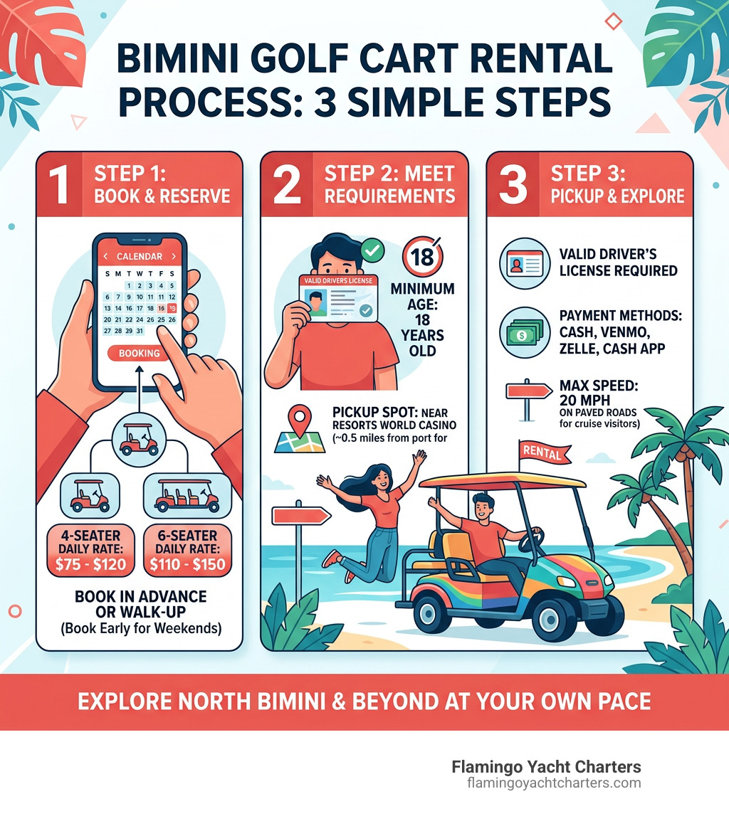 3-step Bimini golf cart rental process infographic with pricing, pickup, and requirements - bimini bahamas golf cart rental