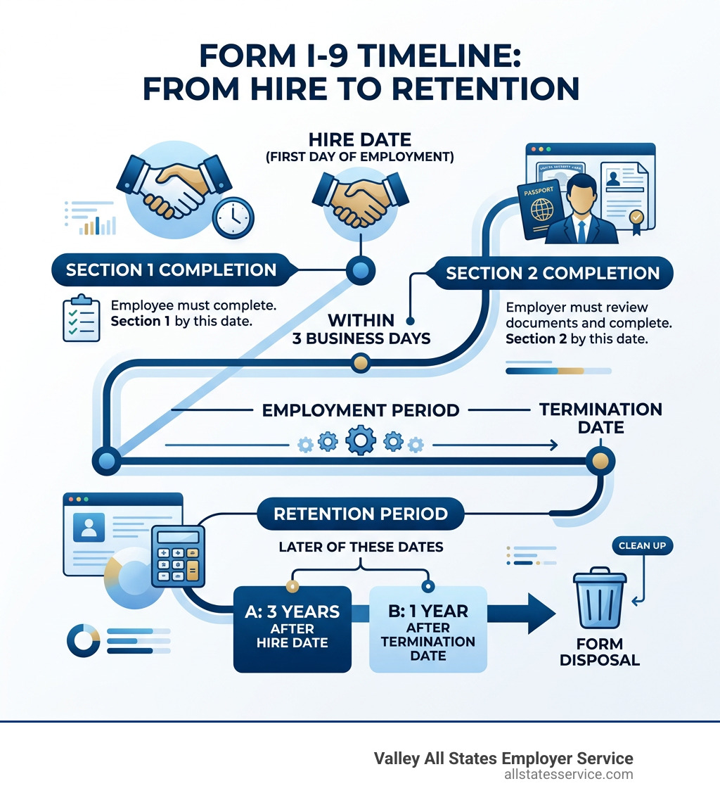 I-9 form timeline from hire date through section completion to retention period - uscis i 9 form infographic I-9 form timeline from hire date through section completion to retention period - uscis i 9 form infographic