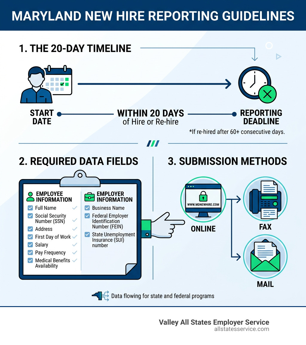 Infographic showing Maryland new hire reporting 20-day timeline, required fields, and submission methods - maryland new hire