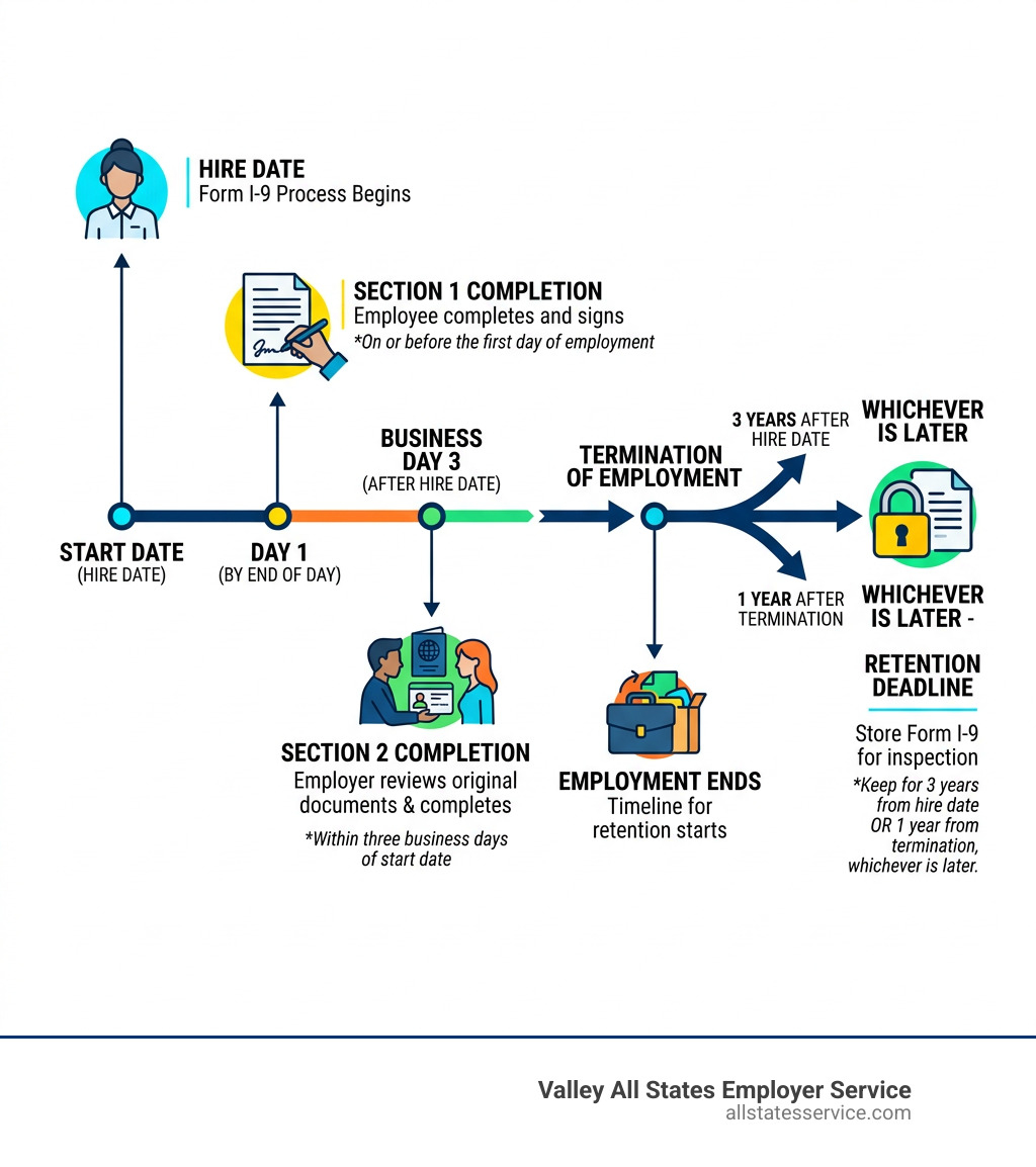 Form I-9 completion timeline from hire date to retention deadline infographic - completing i 9 form examples infographic 