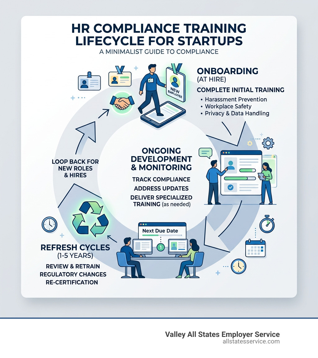 HR compliance training lifecycle infographic for startups showing onboarding to refresh cycles - hr compliance training