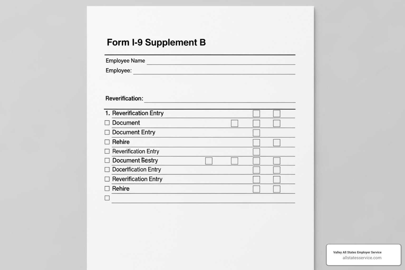 Layout of Form I-9 Supplement B showing the name fields and document entry blocks - Form I-9 Supplement B