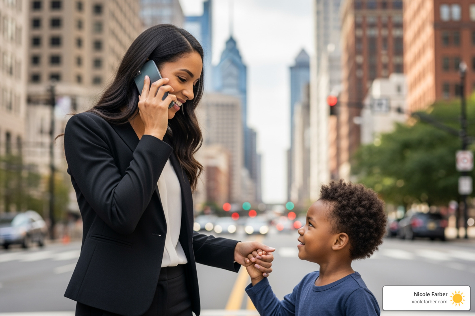 A business leader in Philadelphia balancing a professional call with family life - single parent ceo journey