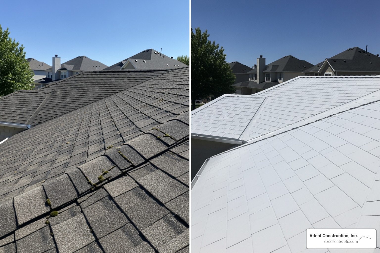 Comparison of a weathered, dark roof surface versus a bright, white coated surface reflecting sunlight - residential roof Comparison of a weathered, dark roof surface versus a bright, white coated surface reflecting sunlight - residential roof