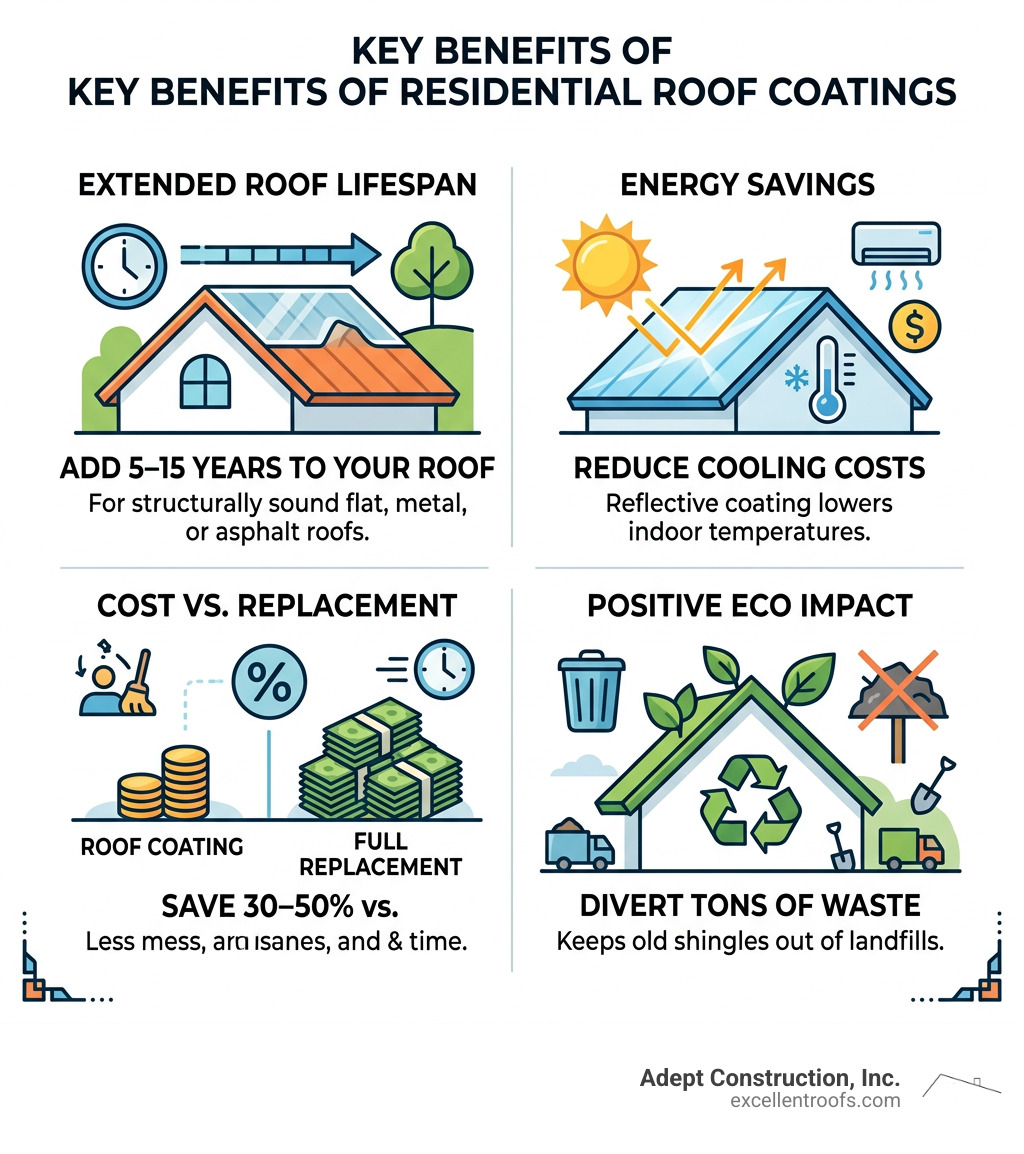 Infographic showing key benefits of residential roof coatings: lifespan extension, energy savings, cost vs replacement, eco Infographic showing key benefits of residential roof coatings: lifespan extension, energy savings, cost vs replacement, eco