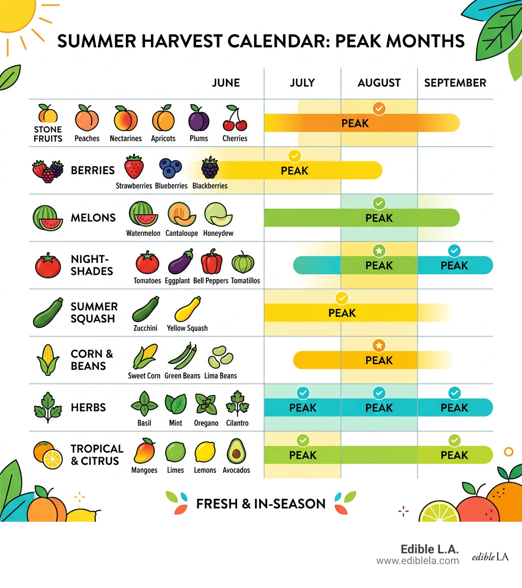 Summer harvest calendar showing peak months for summer fruits and vegetables by category - what are summer fruits and Summer harvest calendar showing peak months for summer fruits and vegetables by category - what are summer fruits and