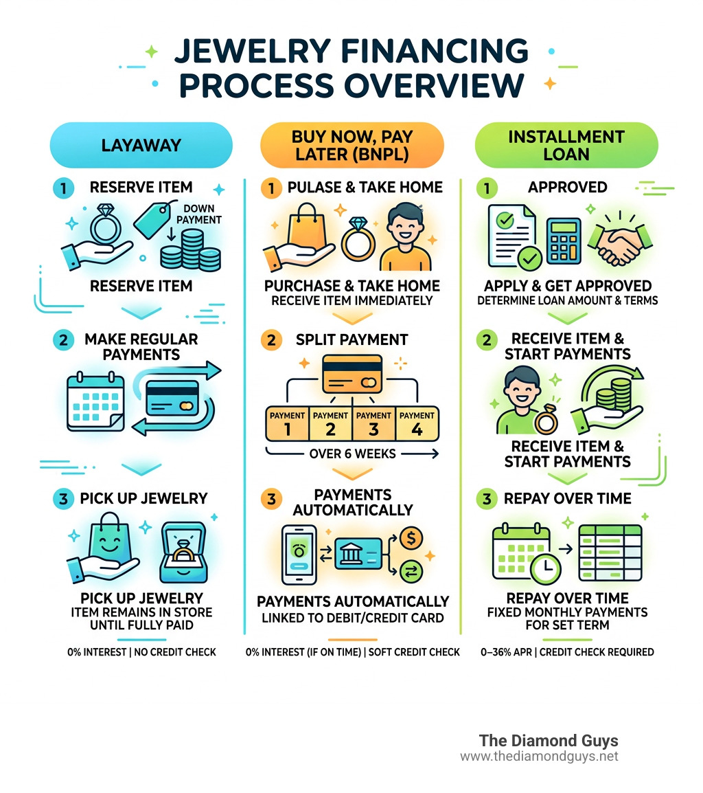 Jewelry financing process overview infographic showing layaway, BNPL, and installment loan steps - jewelry store with Jewelry financing process overview infographic showing layaway, BNPL, and installment loan steps - jewelry store with