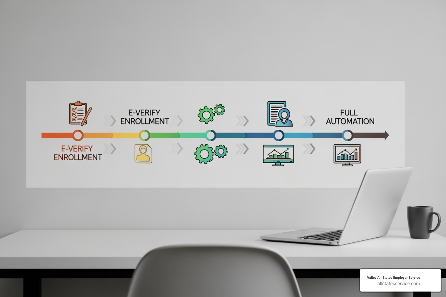 Timeline showing the steps of E-Verify integration from enrollment to full automation - E-Verify integration HR systems