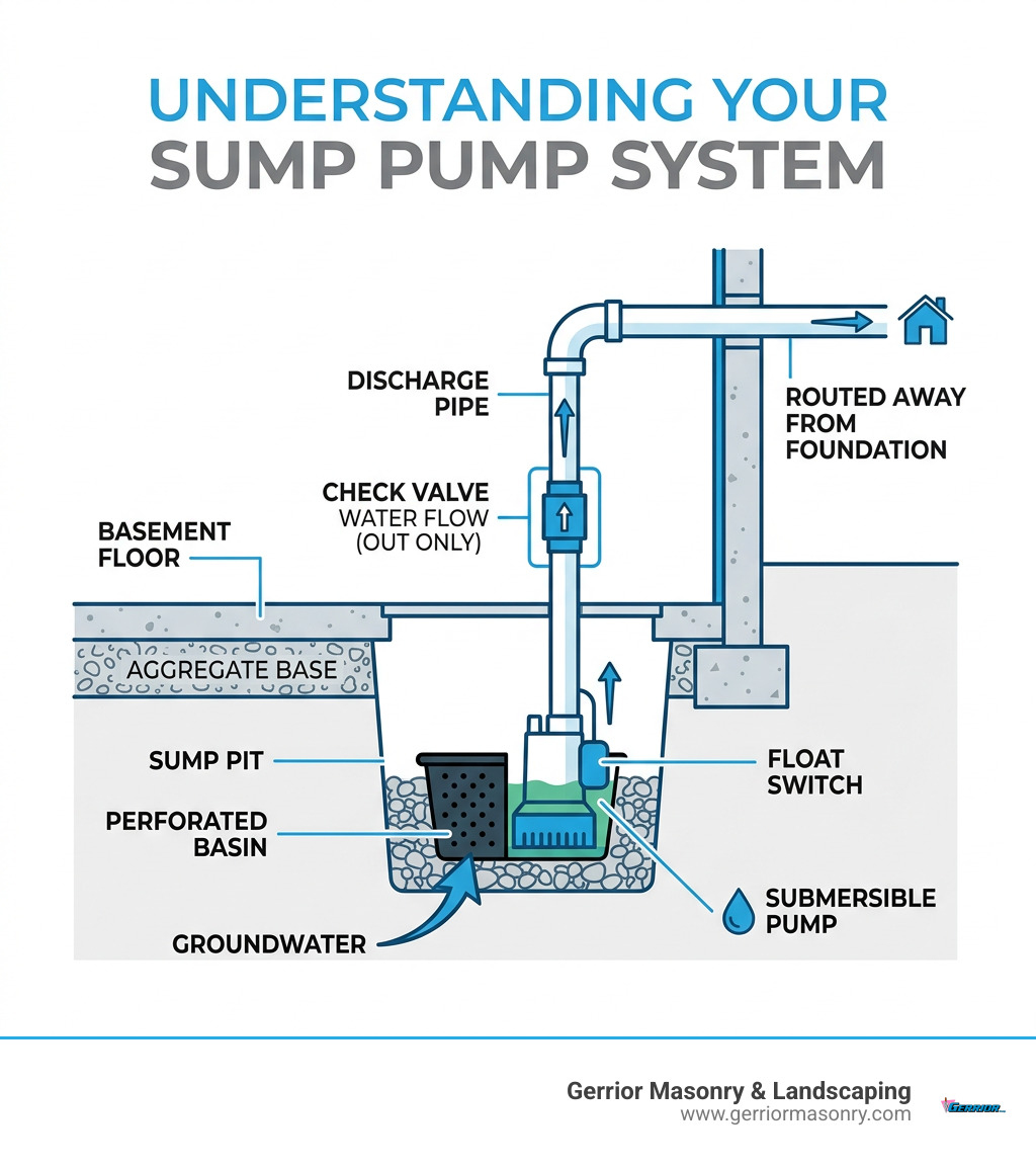 Diagram of basement sump pump system components including pit, basin, pump, discharge pipe, and check valve - putting a sump