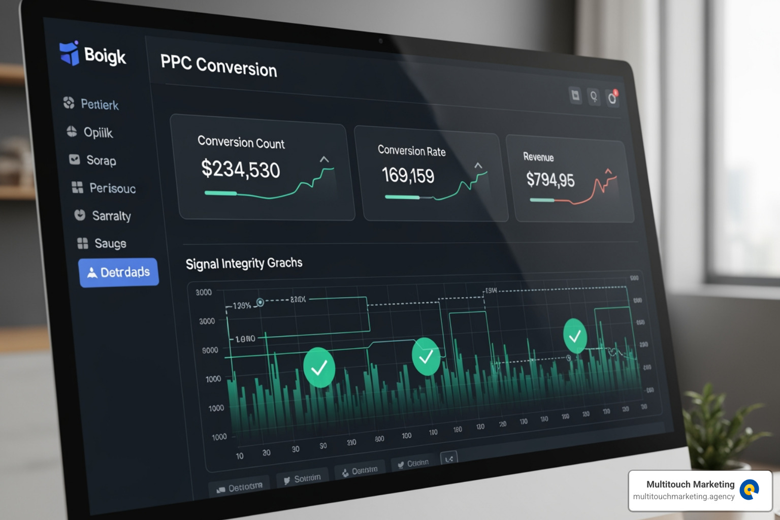 Digital dashboard showing conversion metrics and signal integrity data - PPC account audit checklist Digital dashboard showing conversion metrics and signal integrity data - PPC account audit checklist
