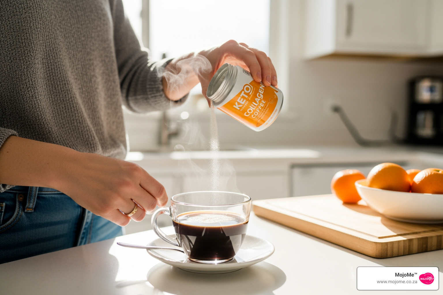 A person preparing a keto-friendly collagen coffee in a bright kitchen - where to buy collagen supplements in south africa