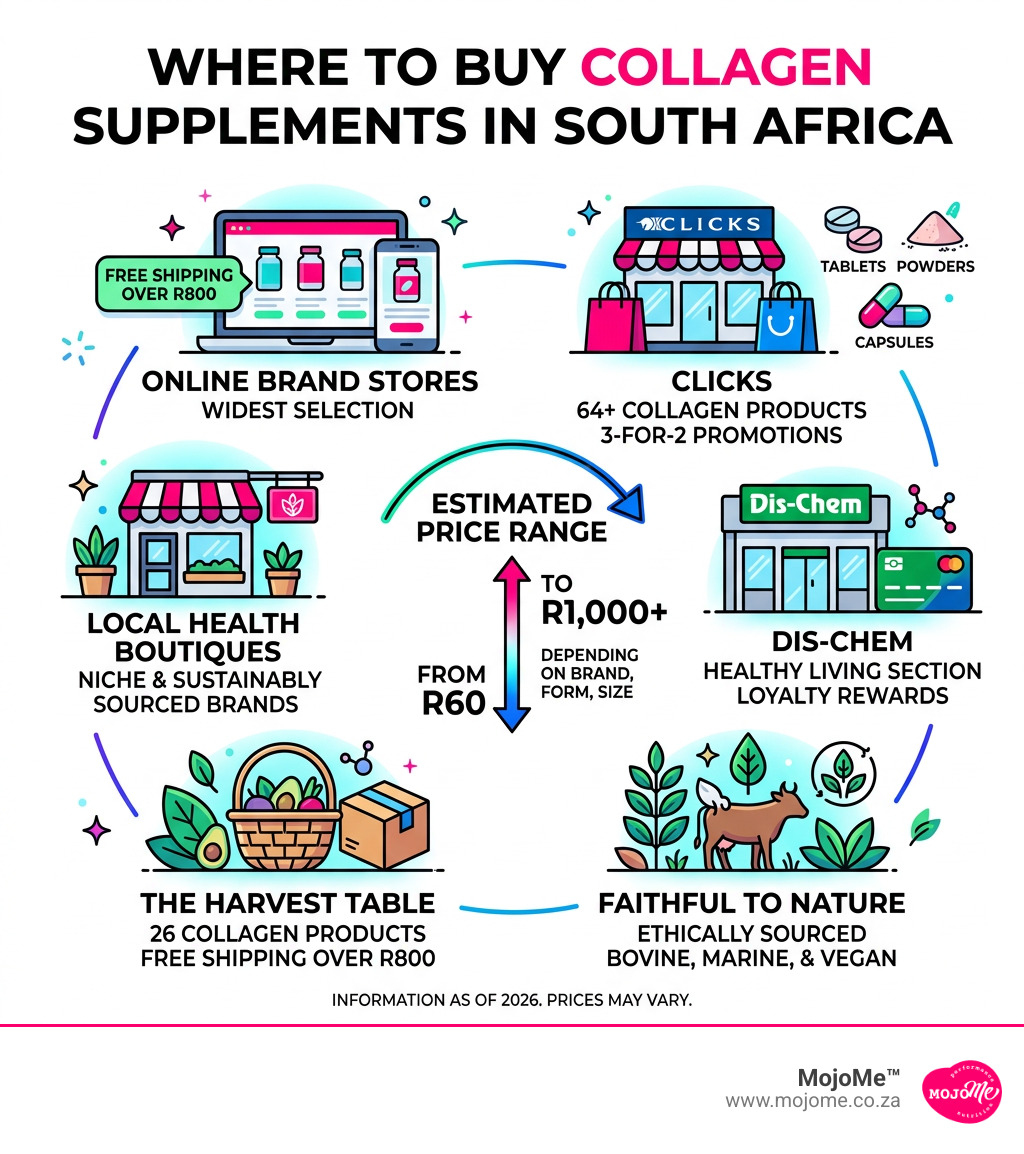 Overview infographic of top places to buy collagen supplements in South Africa with price ranges - where to buy collagen