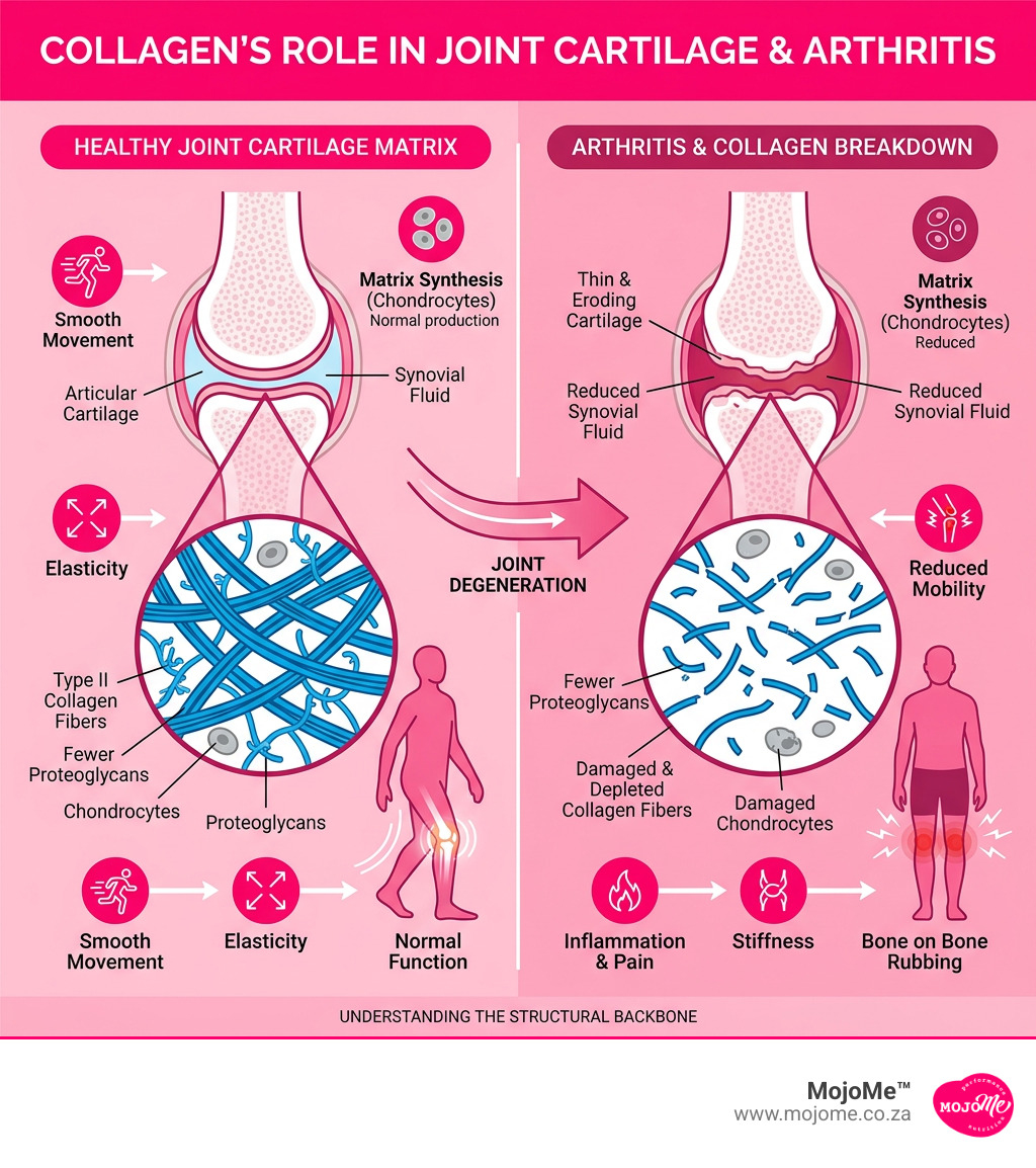 Diagram showing collagen's role in joint cartilage matrix and how it breaks down with arthritis - collagen supplements and