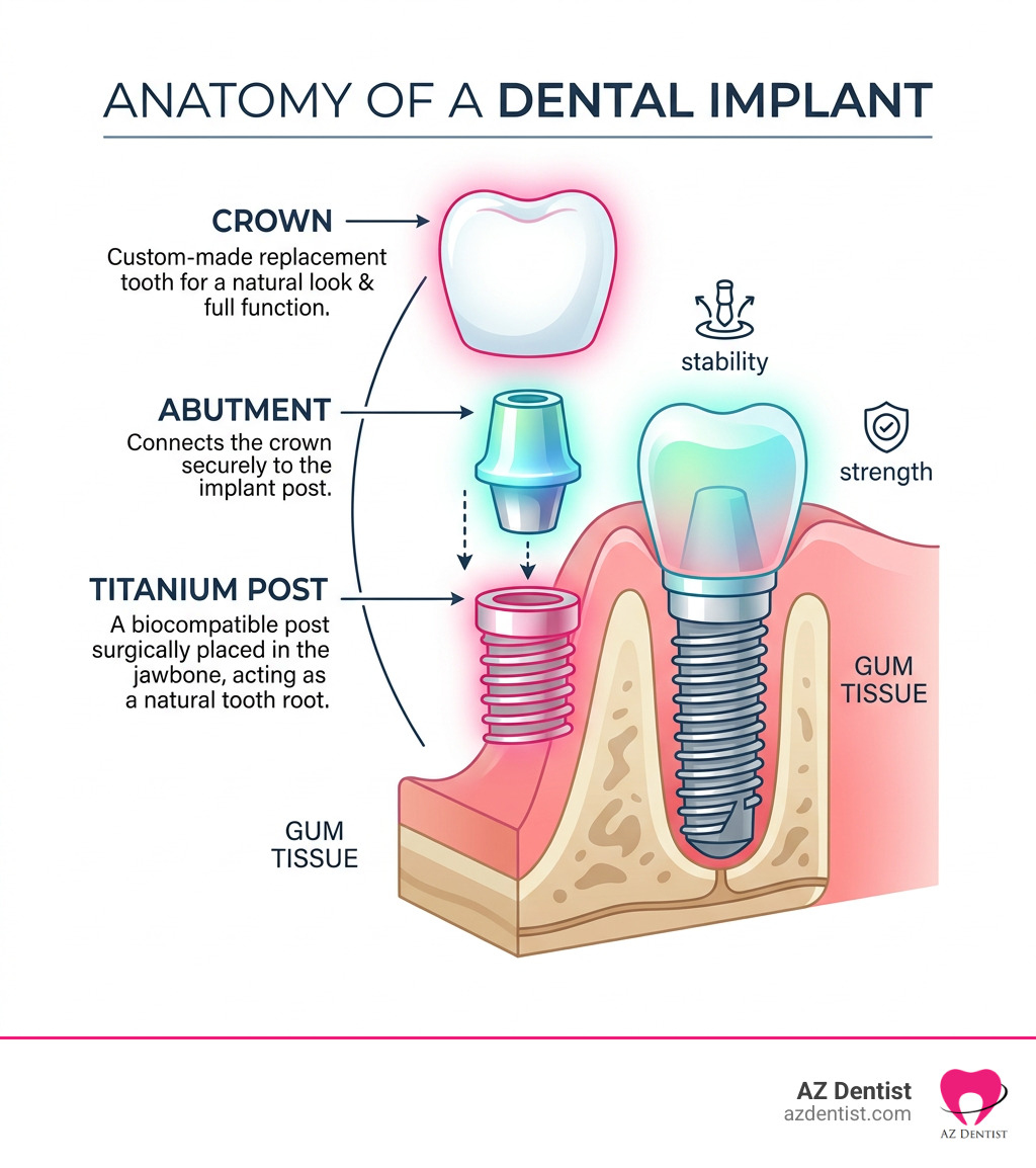 Anatomy of a dental implant showing titanium post, abutment, and crown layers - dental implants sun city infographic 
