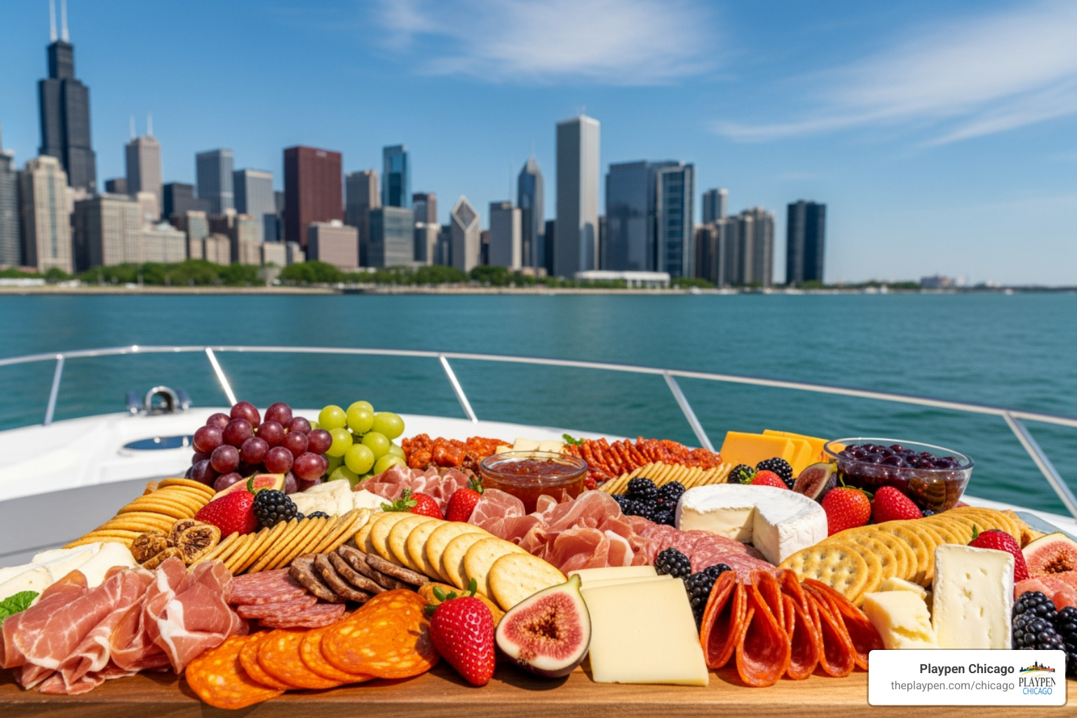 A gourmet charcuterie spread featuring meats, cheeses, and fruit arranged on a yacht deck - add-on experiences for yacht A gourmet charcuterie spread featuring meats, cheeses, and fruit arranged on a yacht deck - add-on experiences for yacht