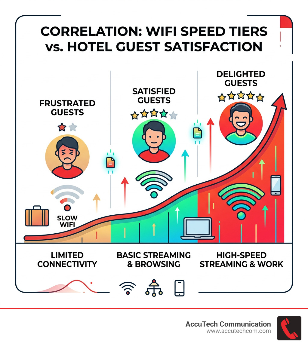 Infographic showing correlation between WiFi speed tiers and hotel guest satisfaction scores - wifi solutions for hotels Infographic showing correlation between WiFi speed tiers and hotel guest satisfaction scores - wifi solutions for hotels