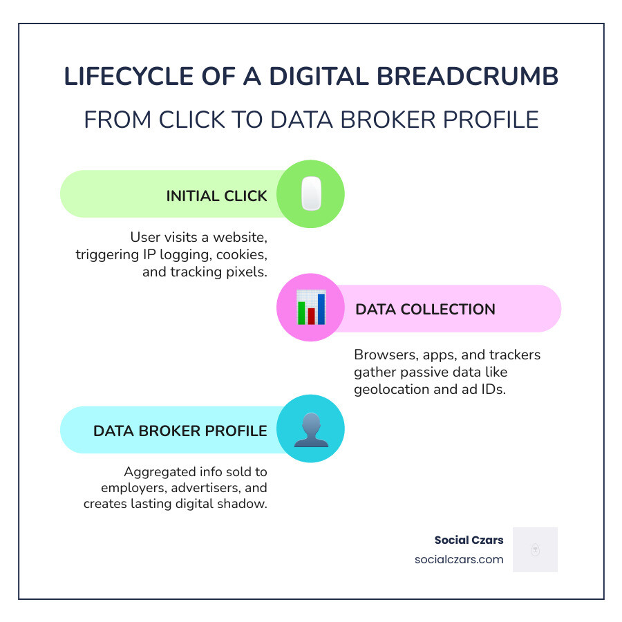 lifecycle of a digital breadcrumb from click to data broker profile - Personal digital footprint infographic