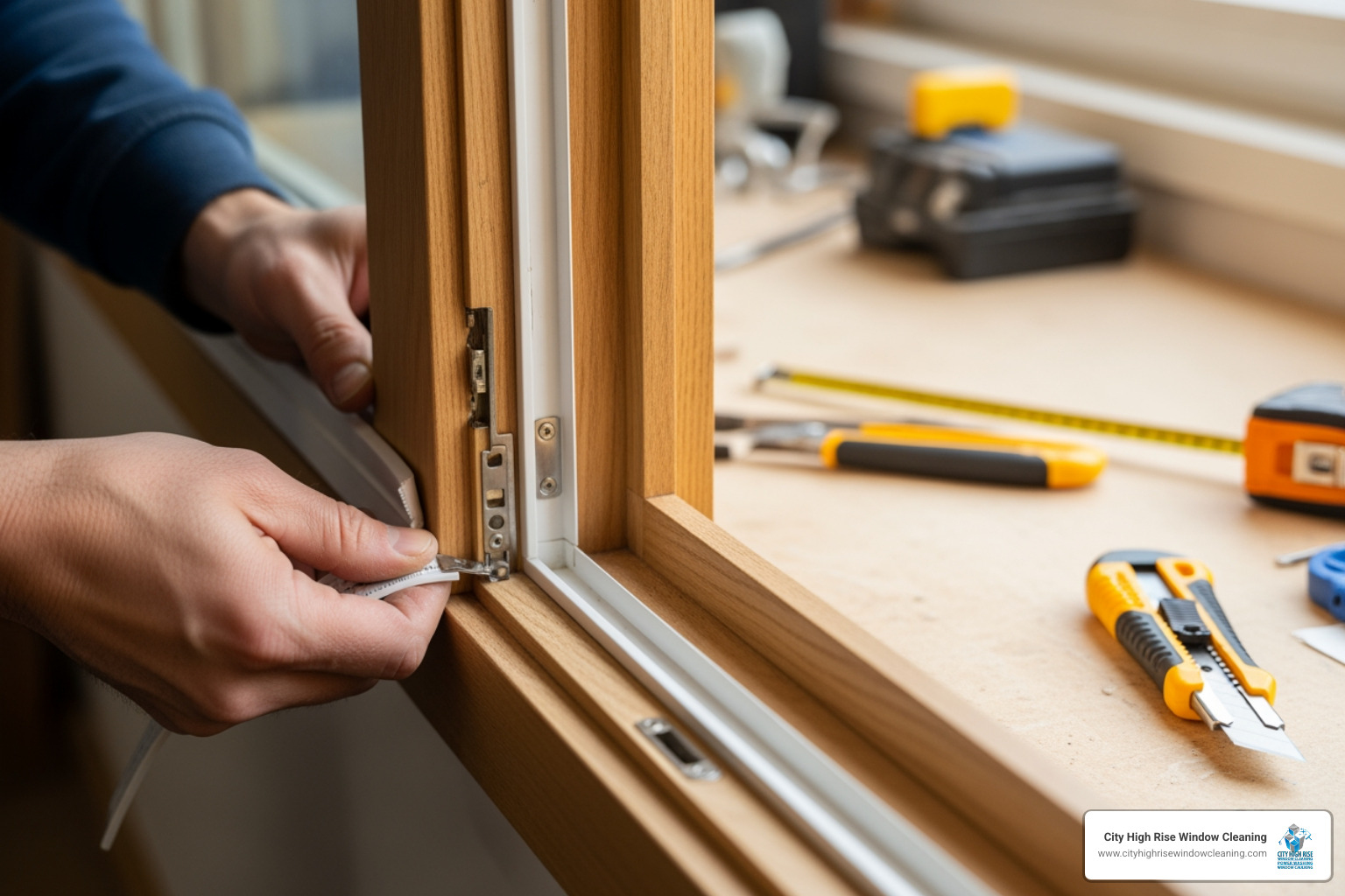 Technician applying weatherstripping to a restored window frame - window restoration vs replacement Technician applying weatherstripping to a restored window frame - window restoration vs replacement