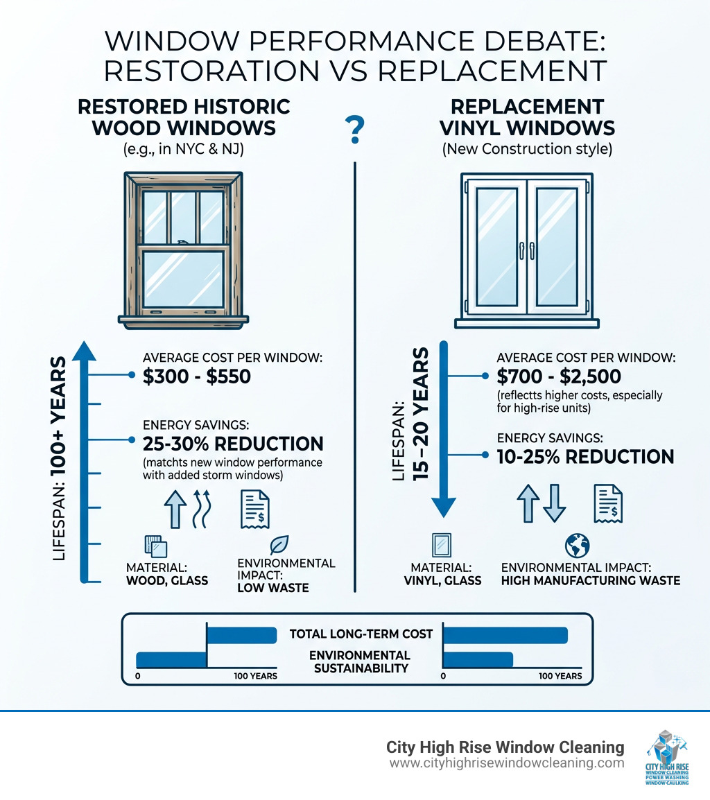 Infographic comparing 100-year lifespan of restored wood windows vs 20-year vinyl replacement windows with cost and energy Infographic comparing 100-year lifespan of restored wood windows vs 20-year vinyl replacement windows with cost and energy