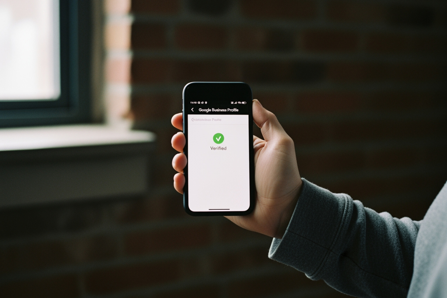 verified Google Business Profile on a smartphone held by a local business owner - Small business growth marketing verified Google Business Profile on a smartphone held by a local business owner - Small business growth marketing